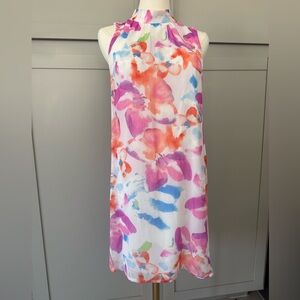 DKNY Watercolor Floral Sleeveless Shift Dress Tie Neck Size 2 NWT